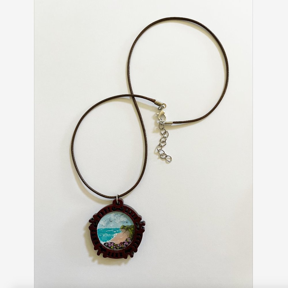 OCEAN BLUFFS Mini Oil Painted Necklace Gift Art NWT coast sea beach
